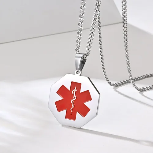 Miniatura 49 de VNOX Collar con colgante personalizado de acero inoxidable con grabado personalizado para identificación de alerta médica de emergencia para hombres