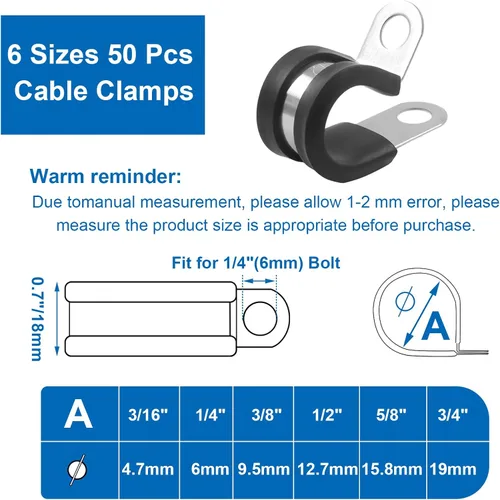 Miniatura 3 de Paquete de 50 abrazaderas de tubo – Abrazaderas de cable de acero inoxidable de 1/2 pulgada con amortiguación de goma para tubería, tubo