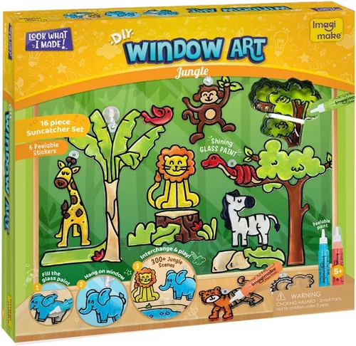Imagimake Window Art Jungle | Kit de atrapasoles bajo desorden | Juego de pintura de vidrio de 16 piezas | Actividades para niños de 5 a 8 años |