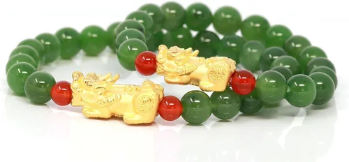 Miniatura 3 de 24k Pixiu Charm Natural Nefrita Jade Beads Pulsera de buena suerte 0.315 in para hombres y mujeres Unisex Niños Buena fortuna
