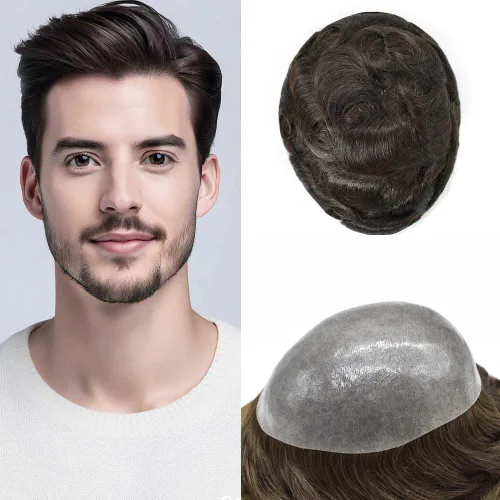 Miniatura 63 de Toupee para hombres Sistema de reemplazo de cabello humano real duradero invisible para hombre Toupee Hair Piece para hombres Poly Men Sistema