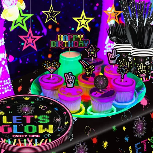 Miniatura 8 de 238 piezas de suministros de fiesta de neón que brillan en la oscuridad, decoraciones de fiesta de luz negra, juego de vajilla para fiesta, platos
