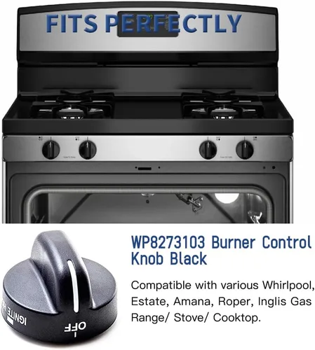 Miniatura 2 de 4 piezas 8273103 pomo de quemador de gas negro pieza de repuesto para estufa Whirlpool, reemplaza AP6012363, 8273107, 8273111, ER8273103,