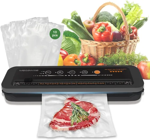 MegaWise Máquina selladora al vacío | Potencia de succión de 80 kPa | Bolsas y cortador incluidos | Sellador automático de alimentos compacto de un
