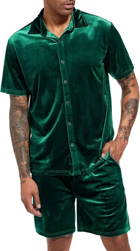 Miniatura 22 de LecGee Conjunto de pantalones cortos casuales de verano para hombre, camisa de terciopelo de manga corta con botones, pantalones cortos de cintura