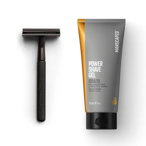 MANSCAPED® The Plow® 2.0 & Power Shave Gel, paquete de afeitado facial para hombre con maquinilla de afeitar de seguridad de una sola hoja y gel de