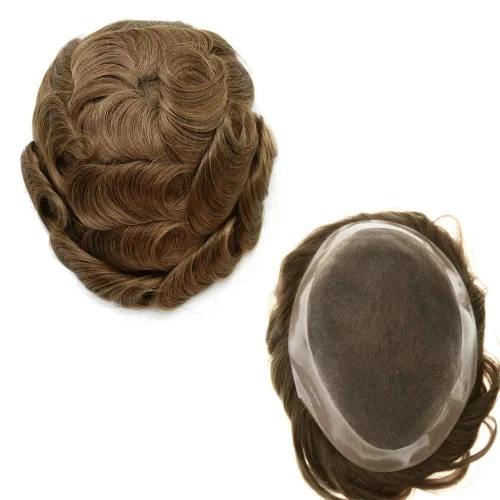 Miniatura 26 de Peluca de cabello humano monofilamento fino para hombre tipo tupé de polietileno alrededor del sistema de cabello, peluca duradera de monofilamento