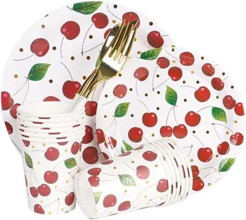 Miniatura 2 de Geeklife Vasos de papel de cereza dorada, 9 onzas de papel de cerezas, frutas y cerezas, desechables, vasos de papel decorativos a granel, 40