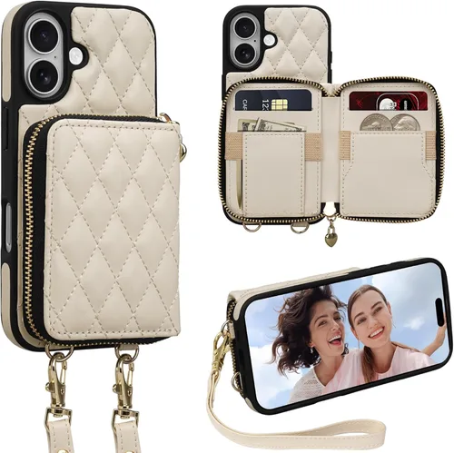 Miniatura 44 de Funda tipo cartera para iPhone 15 de 6.1 pulgadas, bolso cruzado con cremallera y correa para la muñeca con cordón para mujer, tarjetero con bloqueo