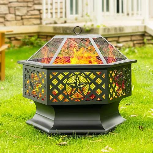 Panovue Fogata Hexagonal de 28 Pulgadas, Fogatas de Leña para Exteriores con Pantalla Contra Chispas y Atizador, Fogata Hexagonal de Metal para
