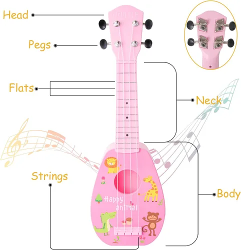 Miniatura 4 de YOLOPARK Mini guitarra ukelele juguete para niños, 4 cuerdas Keep Tonos Can Play Not Electronic Ukulele, Niños Instrumentos Musicales Juguetes Rosa
