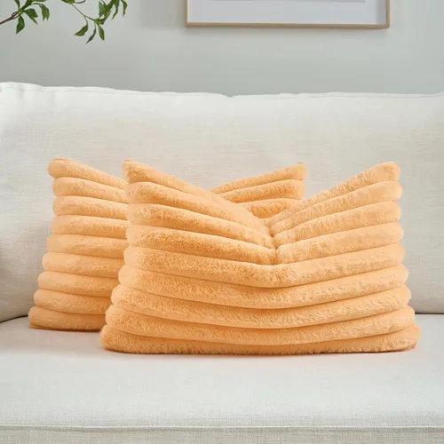 Miniatura 47 de FUTEI - Juego de 2 fundas de almohada decorativas con rayas, cuadradas, para invierno, piel sintética de conejo suave y acogedora y respaldo