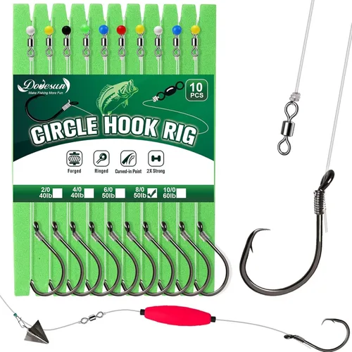 Miniatura 20 de Dovesun 10 piezas de anzuelos pre-ensartados para bagre, anzuelos circulares/de pulpo para bagre, anzuelos circulares offset para pesca de agua