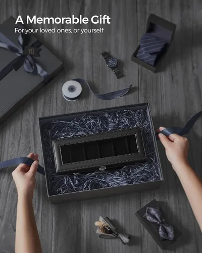 Miniatura 7 de SONGMICS Caja de reloj, caja de reloj de 6 ranuras con tapa de vidrio grande, almohadas extraíbles para reloj, organizador de caja de reloj, regalo