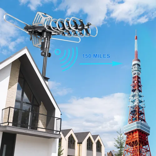 Miniatura 6 de Antena de TV 2025 para exteriores para televisores inteligentes y antiguos (2 salidas), largo alcance de 200 millas con UHF/VHF, rotación motorizada