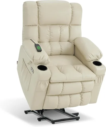 Miniatura 34 de MCombo Silla reclinable eléctrica de motor dual para adultos mayores, silla de elevación plana con calor y masaje, portavasos, puertos USB, piel