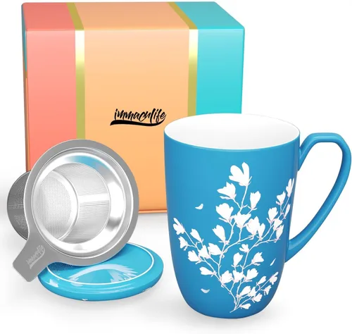 Miniatura 9 de Taza de té con infusor y tapa Taza de té con tapa Teaware con filtro de gran capacidad 16 onzas, azul marino