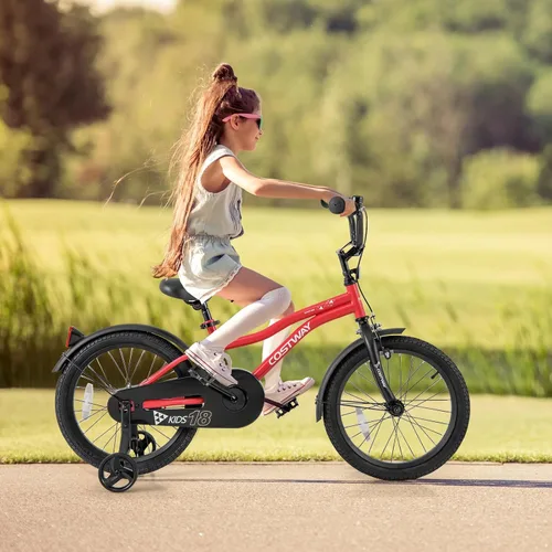 Miniatura 9 de COSTWAY Bicicleta para niños de 12/14/16/18 pulgadas, bicicleta para niños pequeños con ruedas de entrenamiento, asiento y manubrio ajustables, Rojo