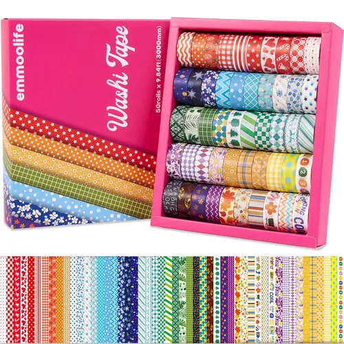 emmoolife Juego de 50 rollos de cinta adhesiva washi, cinta de 15 mm de ancho de colores arcoíris, diseño estético, cinta adhesiva decorativa para
