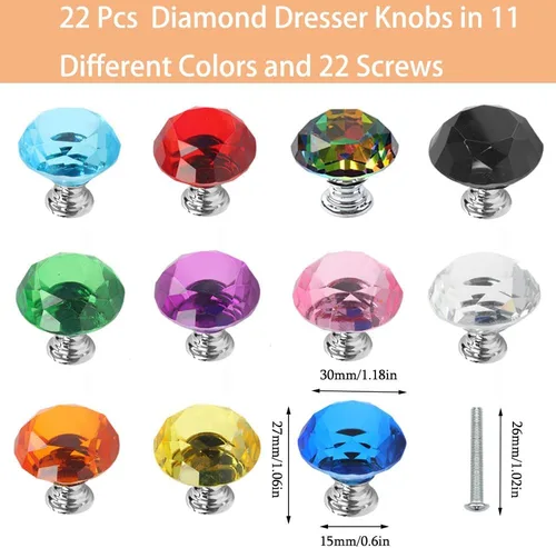 Miniatura 3 de Paquete de 11 tiradores de cajón de cristal coloridos, tiradores de alacena de vidrio de 30mm con forma de diamante para armario, cocina, baño
