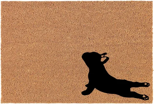 Felpudo de bienvenida de fibra de coco para puerta, diseño de bulldog francés, para esquina de yoga (30 x 18 pulgadas)