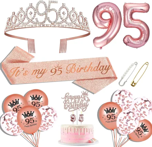 Hysilla Decoraciones de fiesta de cumpleaños número 95 para mujer, incluyendo banda, corona, adorno de pastel, globos, pin y juego de velas, oro rosa