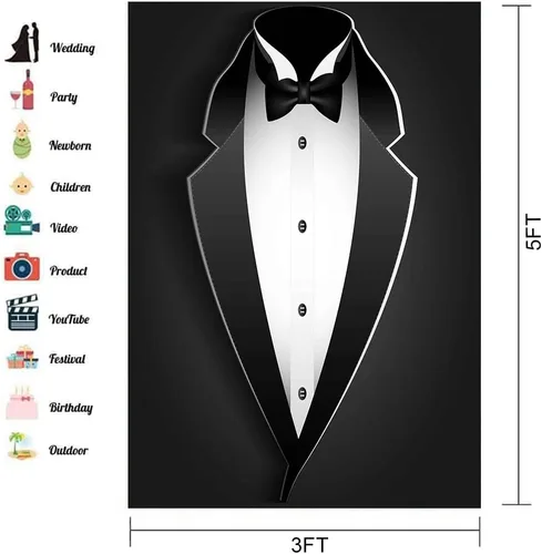Miniatura 2 de BJRLEM998 - Telón de fondo de esmoquin negro de 3 x 5 pies para hombre, traje de pajarita en blanco y negro, traje de lujo, cumpleaños, cena