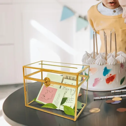 Miniatura 6 de YIMORENCE V Tarjetero de cristal dorado – Caja de sobres de boda con forma rectangular con ranura y pie, perfecto para recepción y centro de mesa