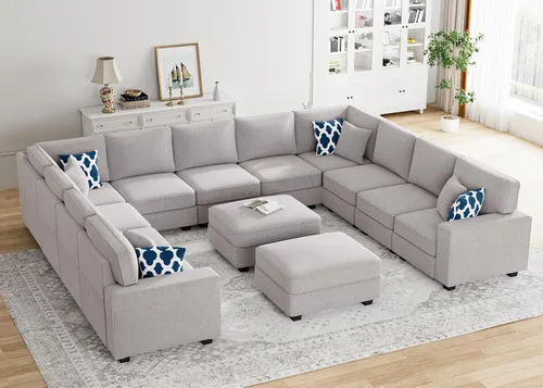 Miniatura 44 de Legend Vansen - Sofá modular seccional en forma de U con otomano, moderno, reversible, de esquina, para sala de estar (Créma, Sofá en forma de U-3)