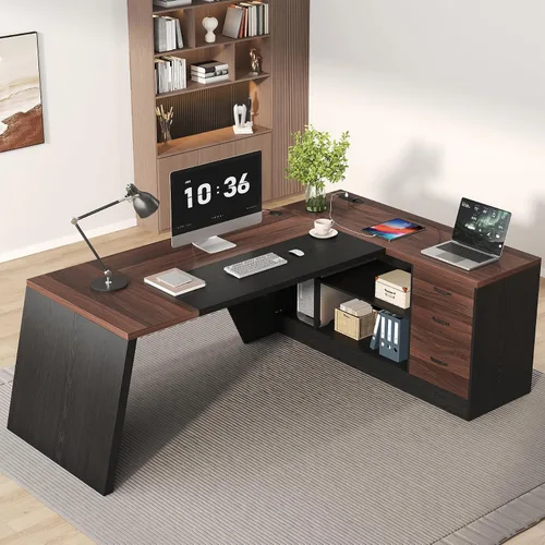 Miniatura 3 de Epecoya Escritorio ejecutivo en forma de L de 78 pulgadas, escritorio grande y moderno para oficina en casa con cajón y gestión de sujeción