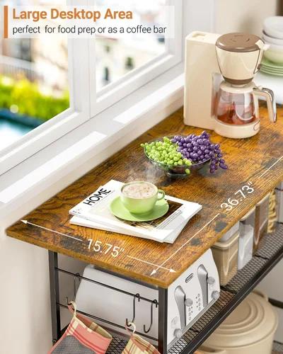Miniatura 7 de Isla de cocina con 3 estantes, carrito de cocina rodante con 6 ganchos y estante protector, soporte de microondas con ruedas bloqueables, estante
