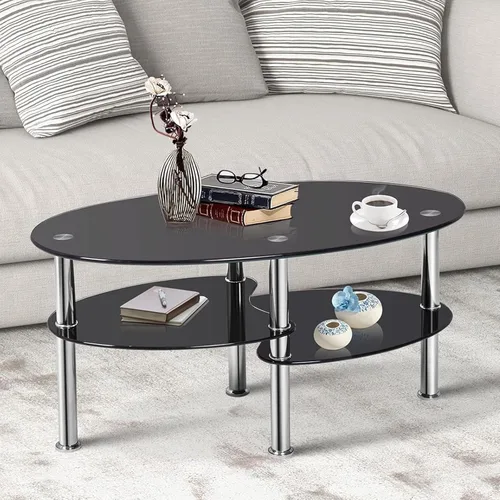 COSTWAY Mesa auxiliar de cristal, mesa auxiliar de sofá de 3 niveles con patas de tubo de metal y estantes abiertos, moderna mesa auxiliar ovalada