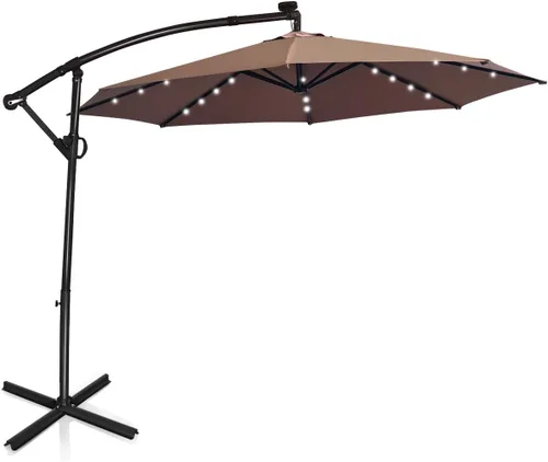 Tangkula Sombrilla solar de patio de 10 pies, sombrilla voladiza para exteriores con rotación de 360 grados, poste de aluminio, fácil ajuste de Café