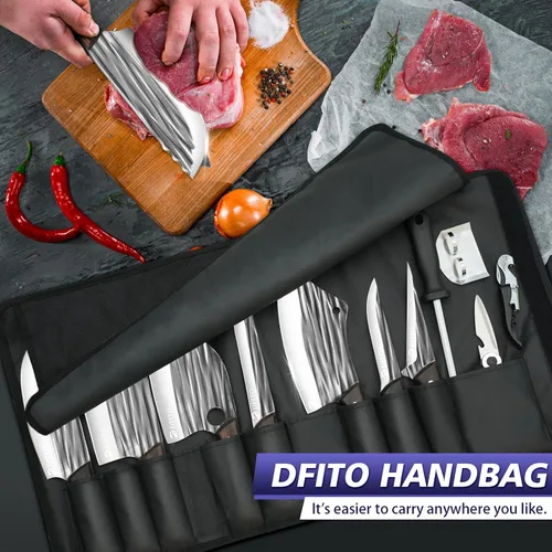 Miniatura 2 de Dfito Juego de cuchillos de carnicero con bolsa de rollo, juego de cuchillos de chef profesionales 14 en 1, cuchillos de cortar huesos forjados a
