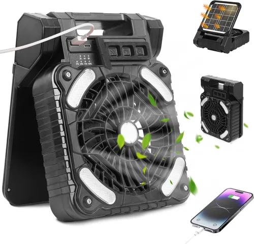 Ventilador solar para camping de 20000 mAh, portátil, recargable, ventilador solar para cenador con luz LED y temporizador, batería inalámbrica de 4