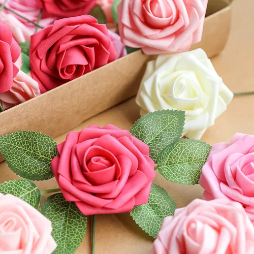 Miniatura 3 de AmyHomie Serie de rosas artificiales de color rojo, 25 unidades, rosas falsas de aspecto real con tallo para ramos de boda, centros de mesa, Seriesa