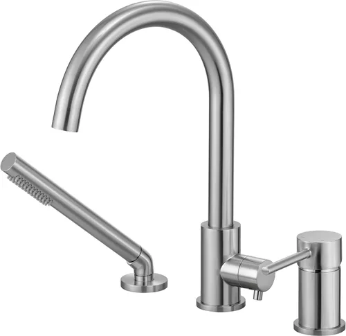 Miniatura 10 de Grifo de bañera de montaje en cubierta negro con rociador, grifos de bañera de alto flujo, grifo de baño de latón con mango montado en la ducha