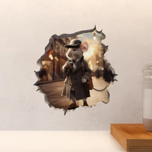 Miniatura 4 de Detective Sherlock Holmes Mouse in Mouse Hole Calcomanía de pared 3D