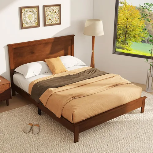 Miniatura 10 de KOMFOTT Armazón de Cama de Plataforma de Madera Tamaño Twin con Cabecero, Cama de Plataforma de Madera de Mediados del Siglo con Soporte de Listones
