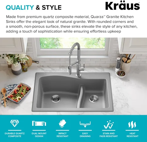 Miniatura 2 de Kraus Quarza Fregadero de cocina Cuencos de 33 pulgadas 60/40 Granito gris Modelo KGD-442