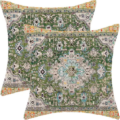 Miniatura 22 de Juego de 2 fundas de almohada bohemias de 20 x 20 pulgadas, fundas de cojín con patrón de alfombra, color amarillo mostaza y azul, diseño étnico