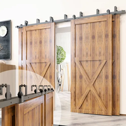 Homacer Kit de herrajes para puerta corrediza de granero en forma de U rústica, color negro, para cuatro puertas, pista plana de 12 pies de largo,