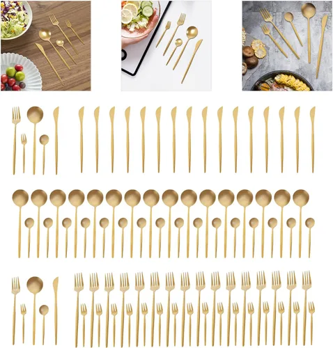 Miniatura 4 de Luxury Gold - Juego de 18 cubiertos de acero inoxidable, 90 piezas, apto para lavavajillas