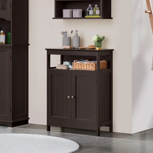 Miniatura 4 de Topeakmart Armario de madera con puertas duraderas y estantes ajustables, armario interior de madera independiente para baño/sala de estar/pasillo