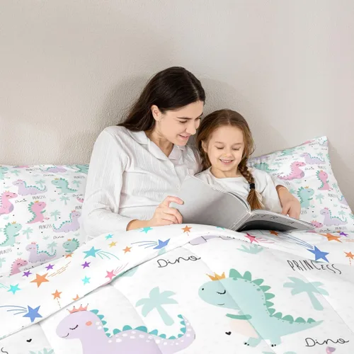 Miniatura 5 de Erosebridal Juego de edredón de dinosaurio, juegos de ropa de cama de dinosaurios rosa y morado para niñas, bonito edredón de animales lindos Multi
