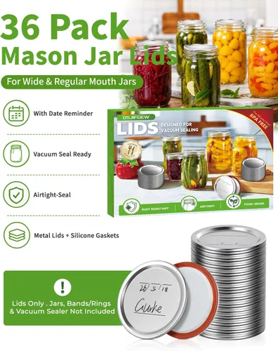 Miniatura 2 de 36 Pack Mason Jar Lids for Wide and Regular Mouth Jars, with Date Reminder Vacuum Seal Lids for Electric Mason Jar Vacuum Sealers