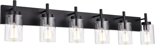 Juego de luz de tocador de baño de 6 luces, lámpara de pared moderna negra con pantalla de vidrio transparente, apliques industriales, lámpara Negro
