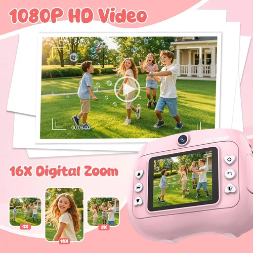 Miniatura 6 de Cámara para niños con impresión instantánea 1080P frontal y trasera dual selfie – Cámaras para niños pequeños con videojuegos digitales, 32 GB y Rosa