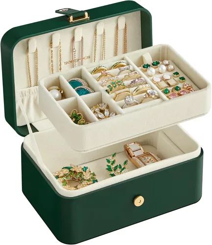 SONGMICS Caja organizadora de joyas, estuche de viaje de 2 capas para aretes, collares, pulseras, almacenamiento portátil de joyas con gran Verde