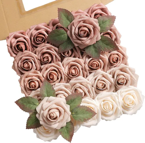 Miniatura 14 de rongflower Flores artificiales de aspecto real, color rosa polvoriento, rosas falsas de espuma con tallos, 25 piezas para bricolaje, bodas, Rosa